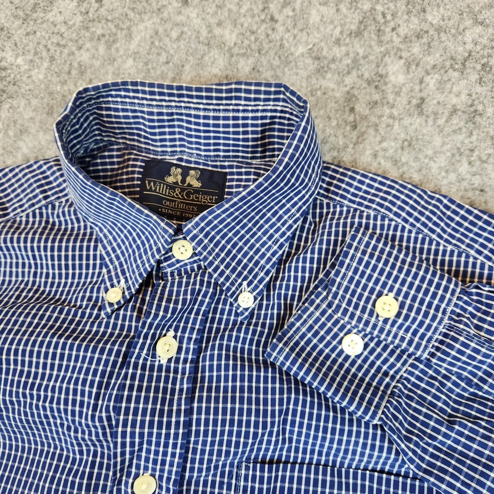 Willis & Geiger Outfitters Shirt Mens Blue Graph Check Plaid Causal Pocket READ